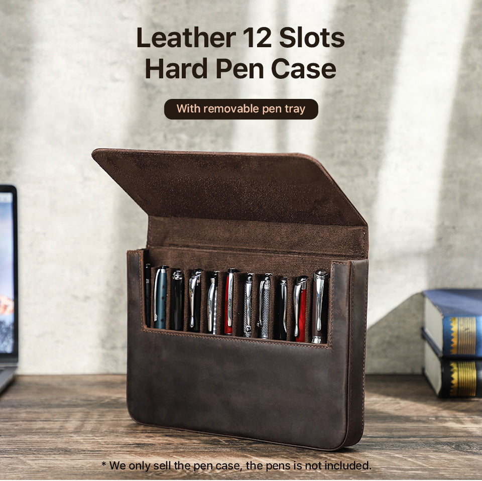 Handmade Spacious Crazy Horse Leather 12-Pen Case Holder for Professionals