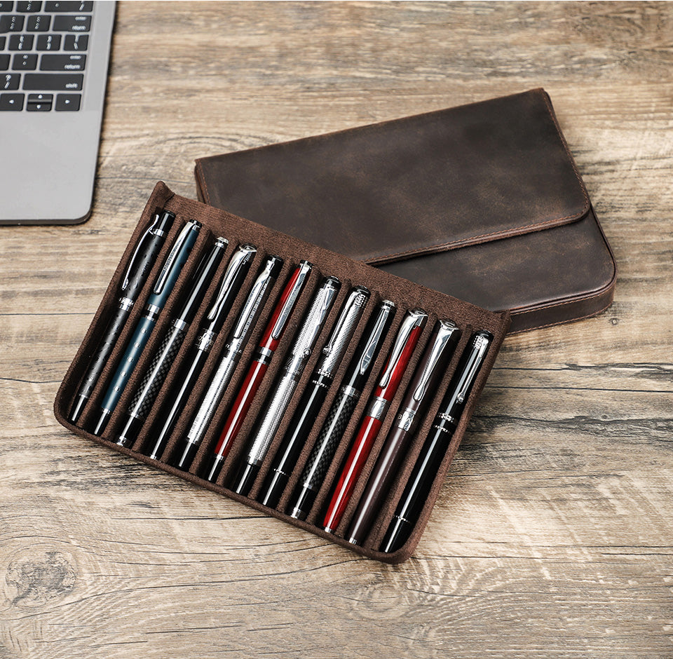 Handmade Spacious Crazy Horse Leather 12-Pen Case Holder for Professionals