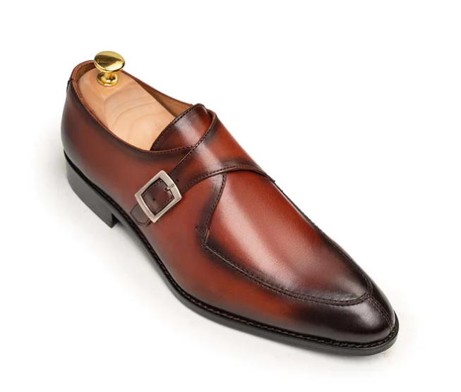 Handmade Tan brown Pointed toe monk shoes, Men Calf leather dress shoes