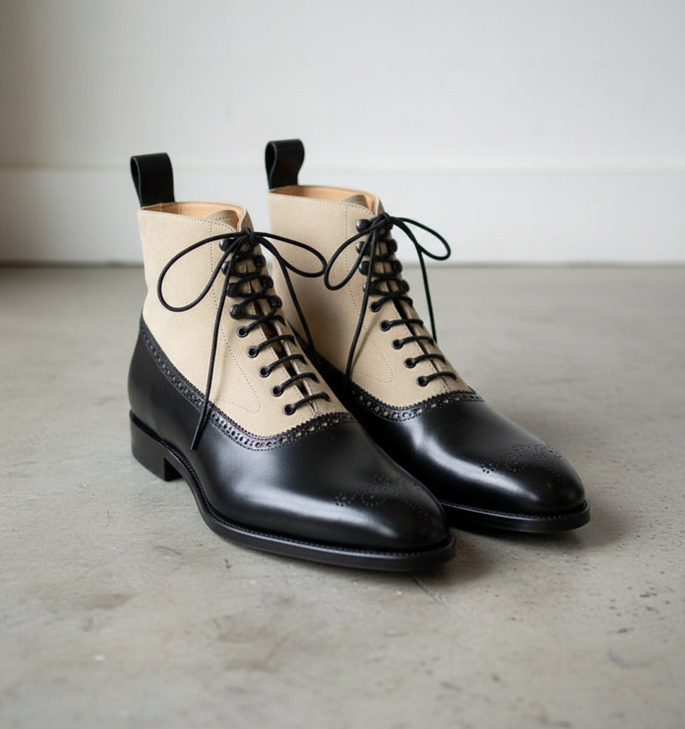 Handmade Two Tone Ankle Boots, Men Black And Beige Lace Up Boot, Boot - angle-view-showing-depth