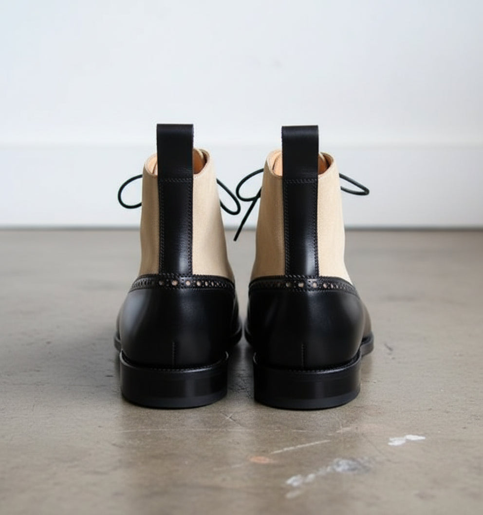 Handmade Two Tone Ankle Boots, Men Black And Beige Lace Up Boot, Boot - back-view