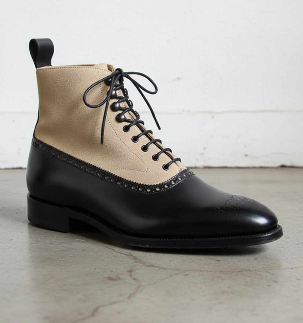 Handmade Two Tone Ankle Boots, Men Black And Beige Lace Up Boot, Boot - detail-view-showing-texture