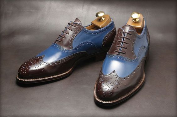 Handmade Two Tone Formal Wing Tip Brogue Shoes Men Real Leather Dress Shoes