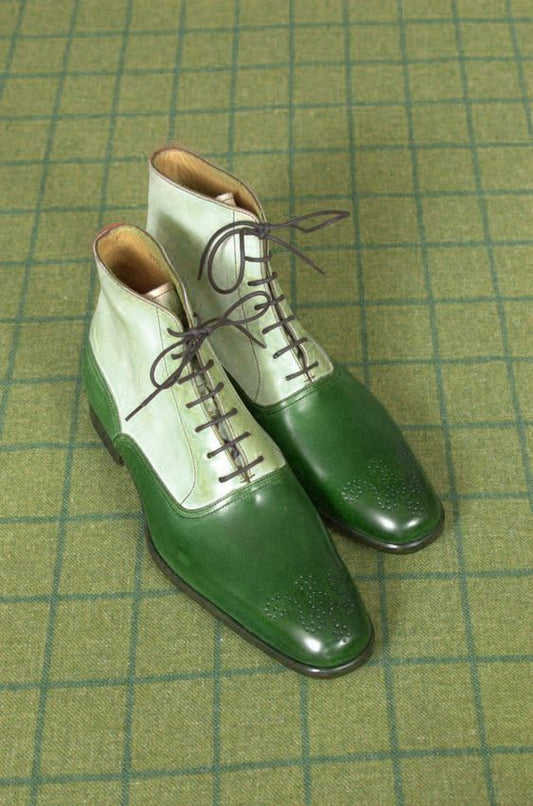 Handmade Two Tone High Ankle Boots, Men Green And White Brogue Ankle Boots