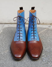 Handmade Two Tone Lace Up Ankle High Boots Men Ankle Leather Designer Boots - front-view