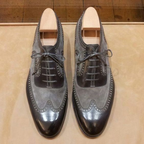 Handmade Two Tone Wingtip Formal Shoes, Men Gray And Black Two Tone Shoes,