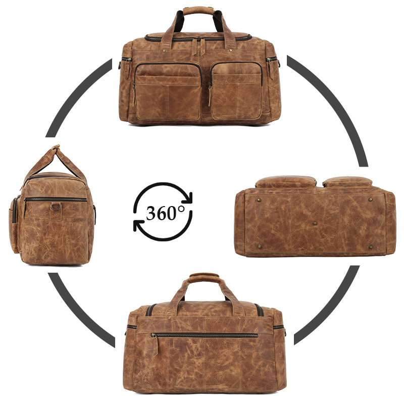 Unisex Zipper Full-Grain Leather Travel Spacious Duffel Bag - Image 3