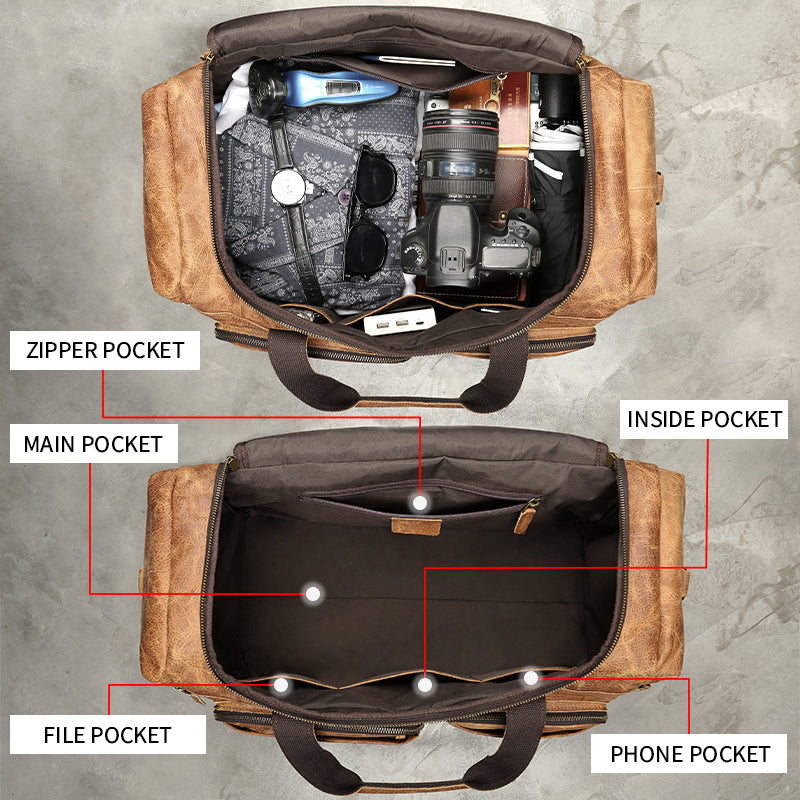 Unisex Zipper Full-Grain Leather Travel Spacious Duffel Bag - Image 5