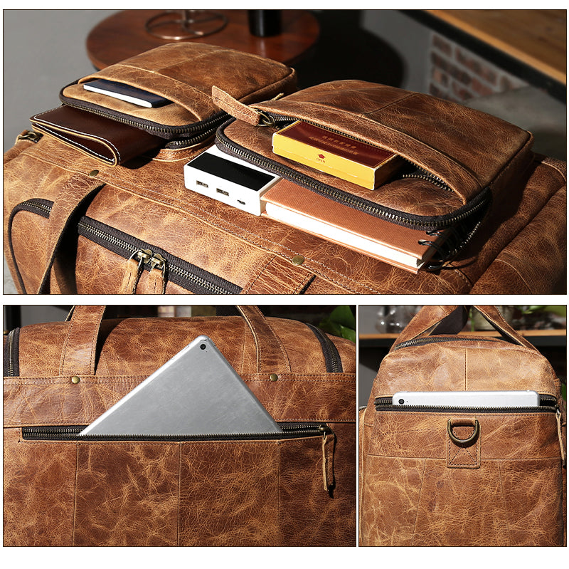 Unisex Zipper Full-Grain Leather Travel Spacious Duffel Bag - Image 4