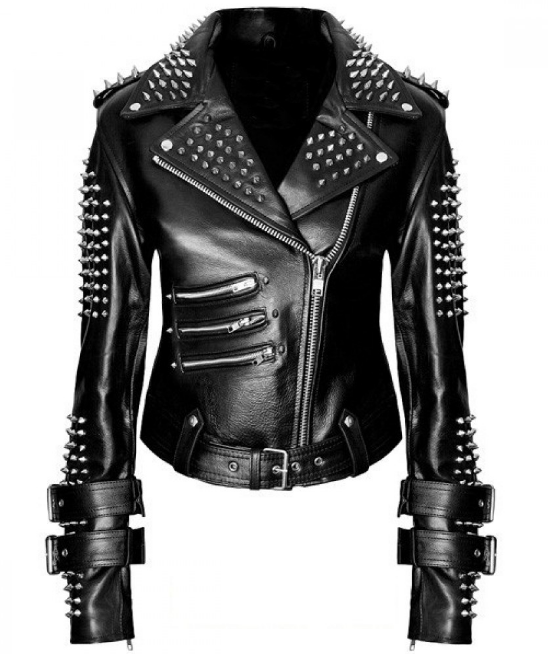 Women's Black Leather Biker Jacket with Silver Spiked Studs
