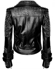 Women's Black Leather Biker Jacket with Silver Spiked Studs - Image 2