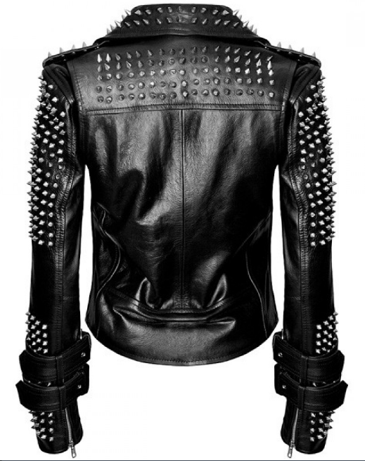 Women's Black Leather Biker Jacket with Silver Spiked Studs - Image 2