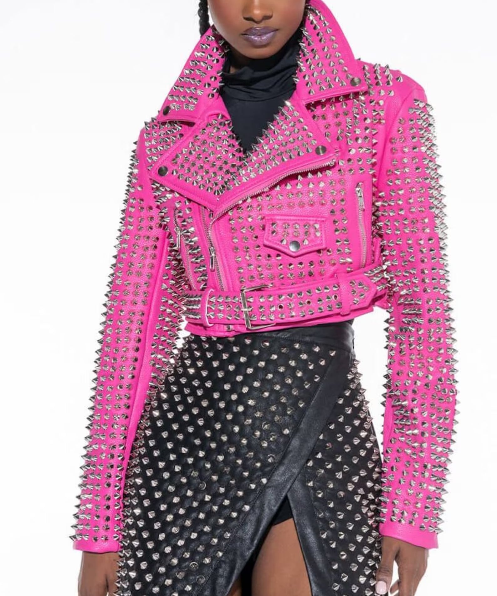 Women's Handmade Hot Pink Studded Leather Moto Jacket