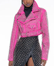 Women's Handmade Hot Pink Studded Leather Moto Jacket