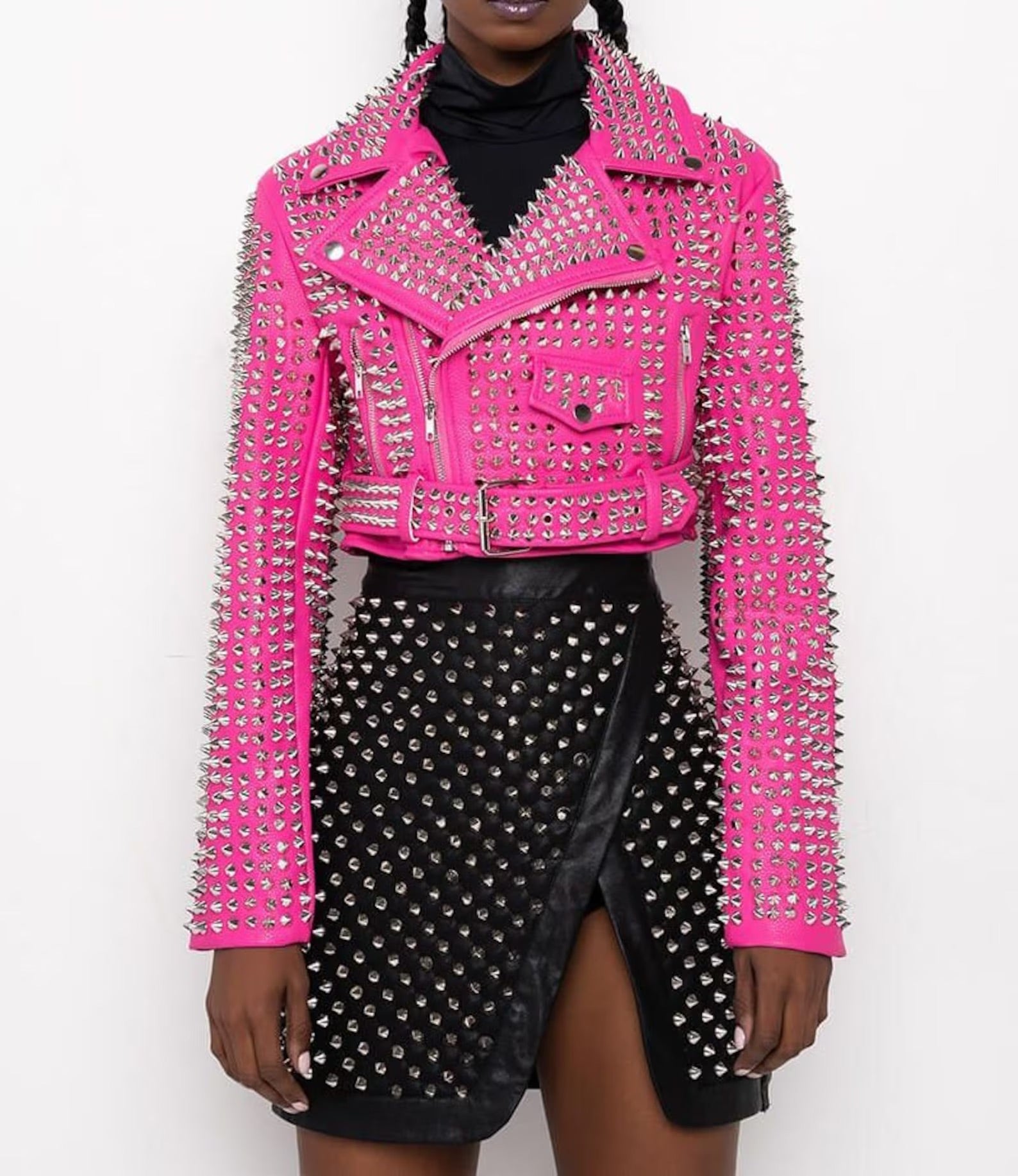Women's Handmade Hot Pink Studded Leather Moto Jacket - Image 4