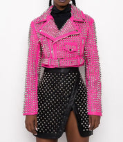 Women's Handmade Hot Pink Studded Leather Moto Jacket - Image 4