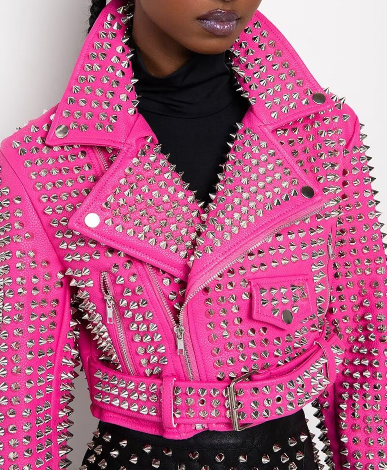 Women's Handmade Hot Pink Studded Leather Moto Jacket - Image 7