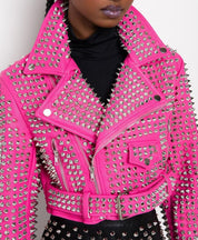 Women's Handmade Hot Pink Studded Leather Moto Jacket - Image 7