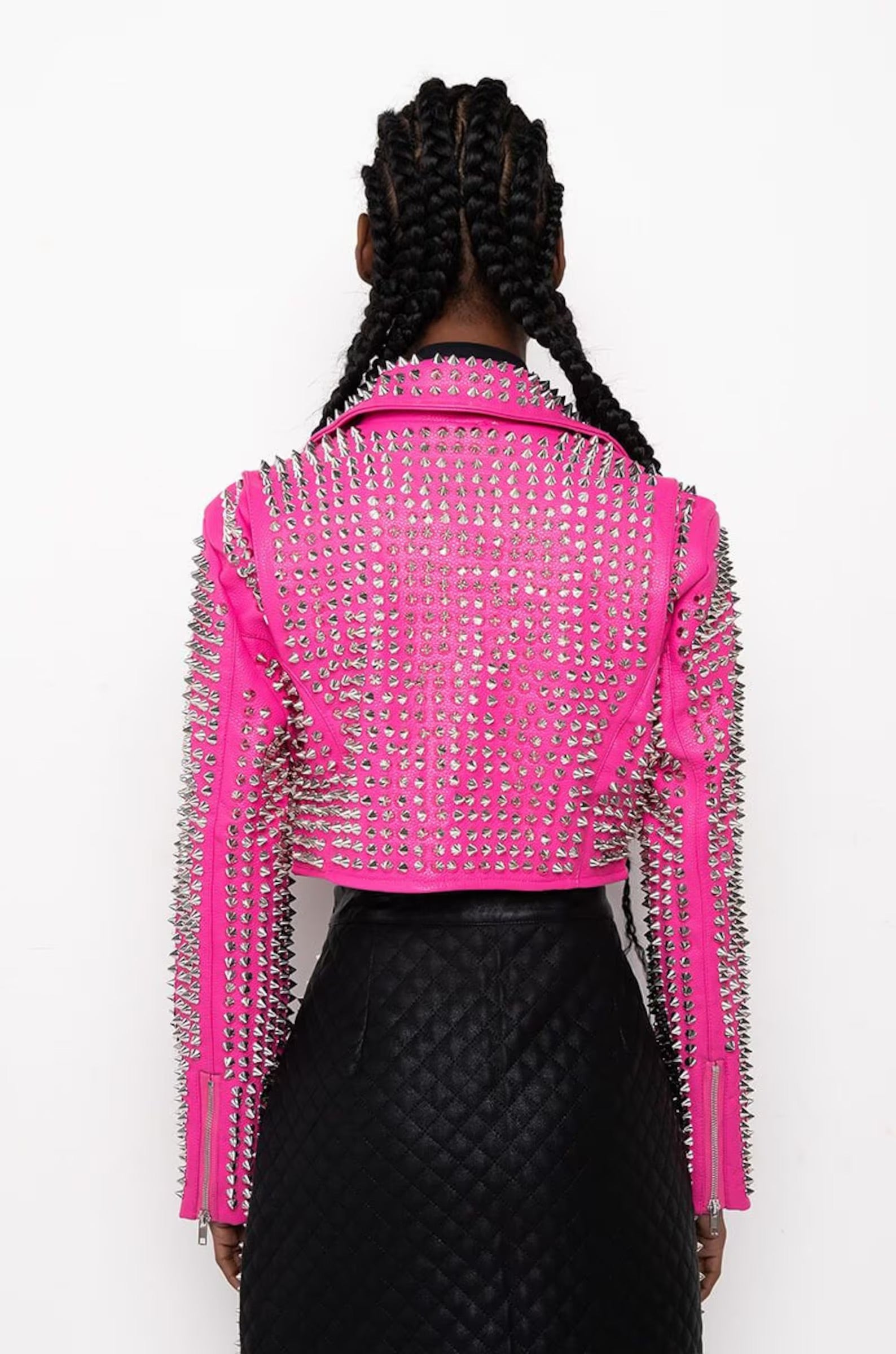 Women's Handmade Hot Pink Studded Leather Moto Jacket - Image 6