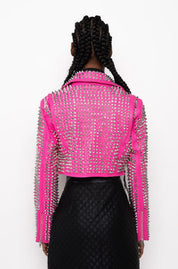 Women's Handmade Hot Pink Studded Leather Moto Jacket - Image 6