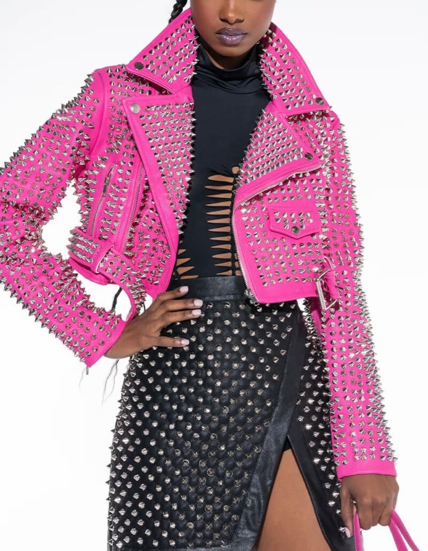 Handmade women hot pink stud party rock moto jacket , leather gothic rivet