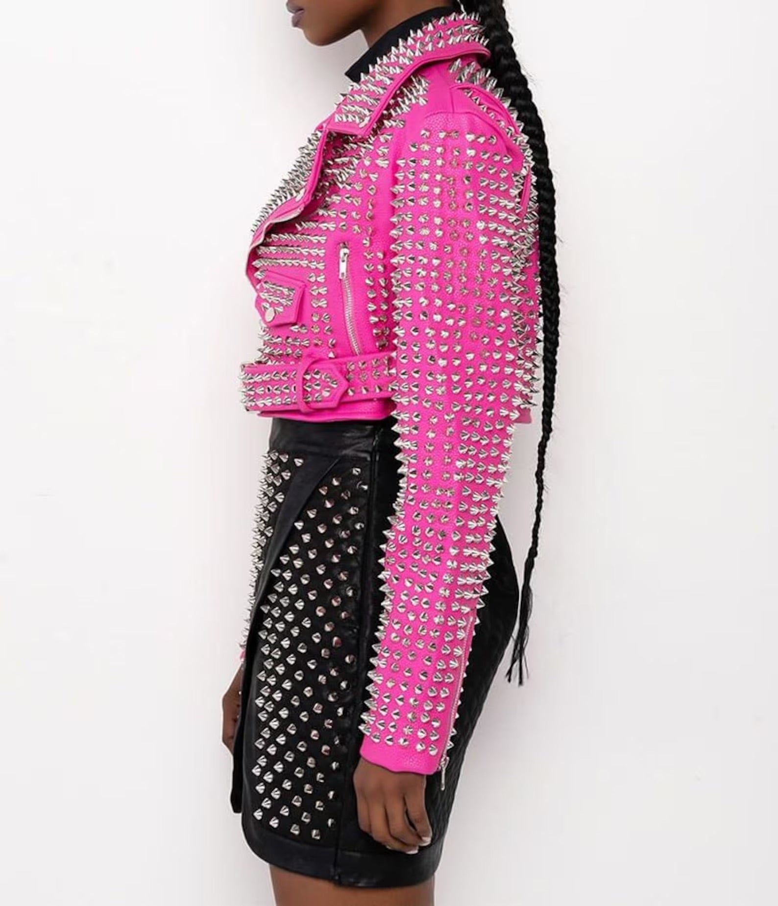 Women's Handmade Hot Pink Studded Leather Moto Jacket - Image 5