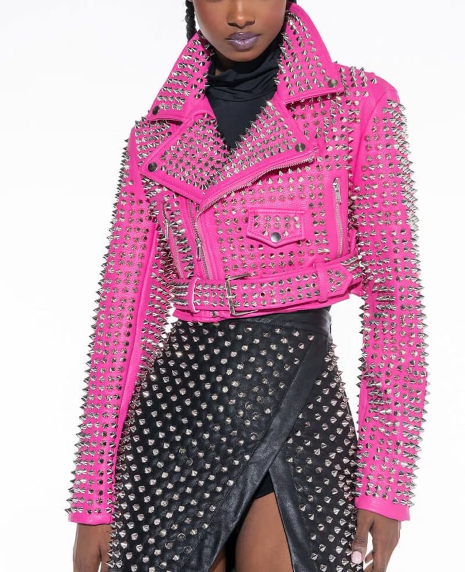 Handmade women hot pink stud party rock moto jacket , leather gothic rivet