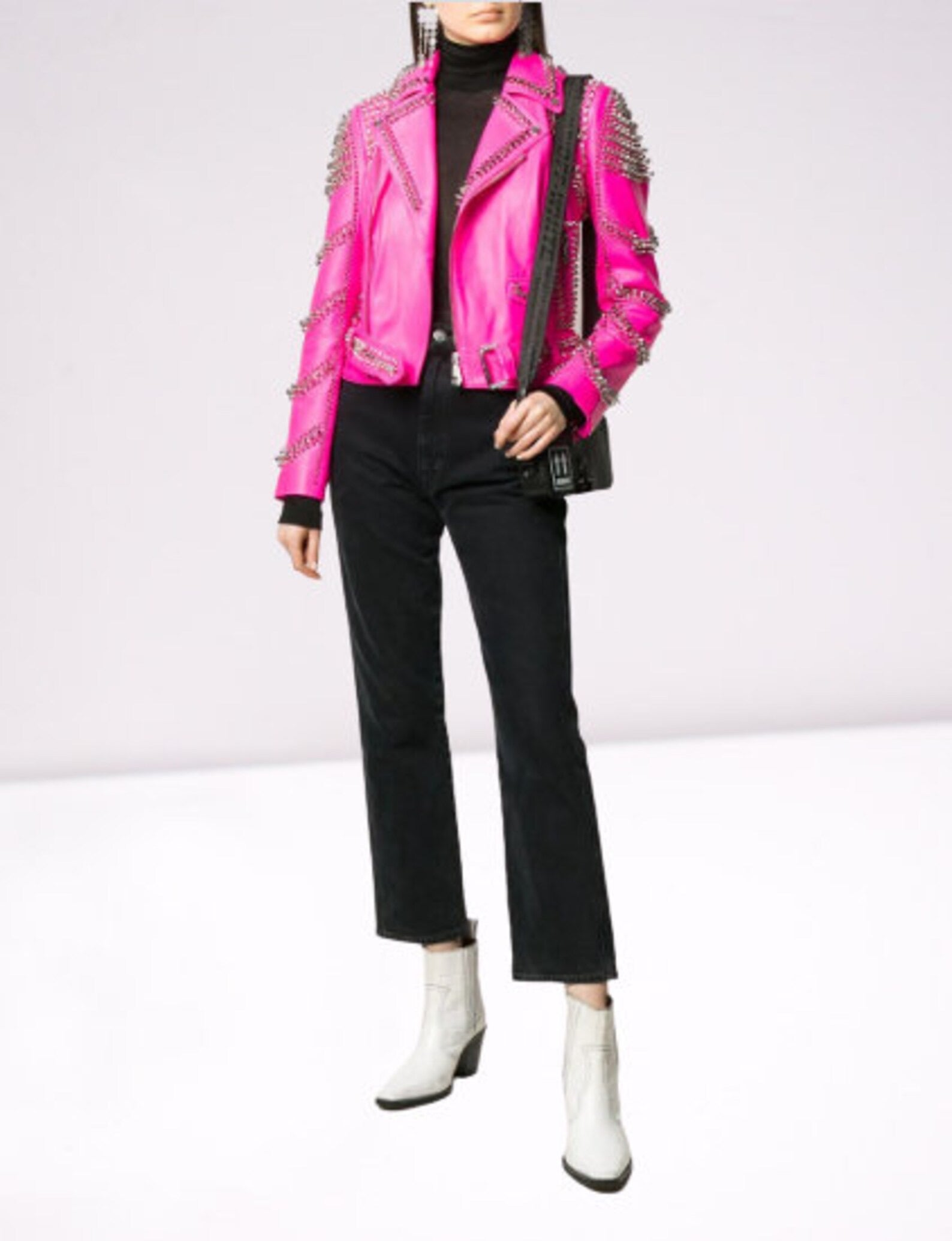 Women's Pink Punk Style Leather Jacket - Image 4