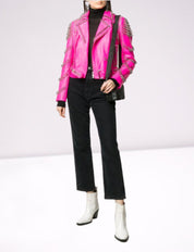 Women's Pink Punk Style Leather Jacket - Image 4