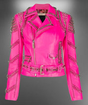 Women's Pink Punk Style Leather Jacket