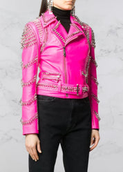 Women's Pink Punk Style Leather Jacket - Image 2