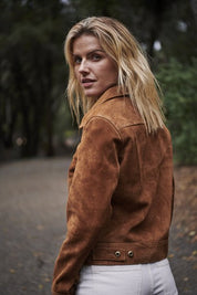 Women's Tan Brown Suede Trucker Jacket with Multi Pockets - Image 4