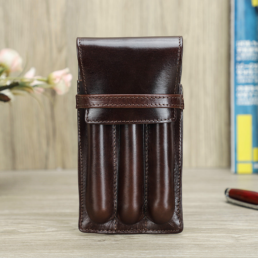 High-Quality Genuine Leather Pen Case with Flap Closure