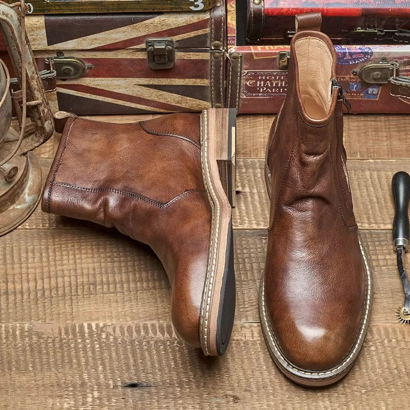 Men's Genuine Leather Ankle Boots, Premium Brown Boots for Versatile Wear