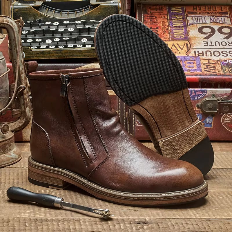 Men's Genuine Leather Ankle Boots, Premium Brown Boots for Versatile Wear