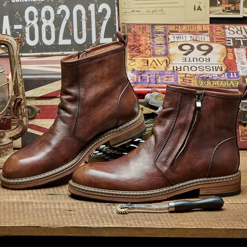 Men's Genuine Leather Ankle Boots, Premium Brown Boots for Versatile Wear