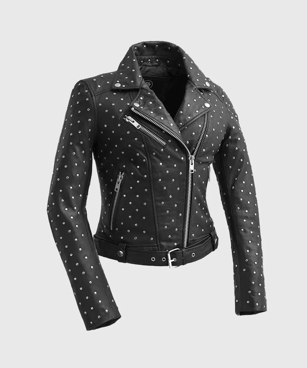 Gothic Women's Lambskin Leather Jacket, Asymmetrical Studded Black Motorcycle Jacket