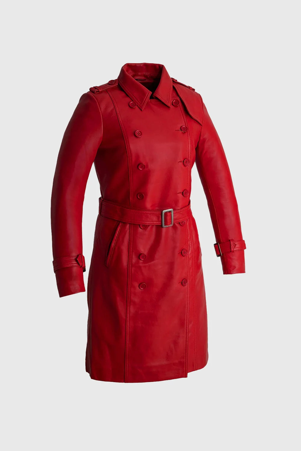 Luxurious Women's Long Fire Red Steampunk Jacket, Premium Lambskin Leather Trench Coat for Women