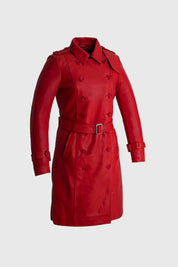 Luxurious Women's Long Fire Red Steampunk Jacket, Premium Lambskin Leather Trench Coat for Women