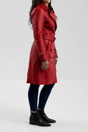 Luxurious Women's Long Fire Red Steampunk Jacket, Premium Lambskin Leather Trench Coat for Women - Image 3