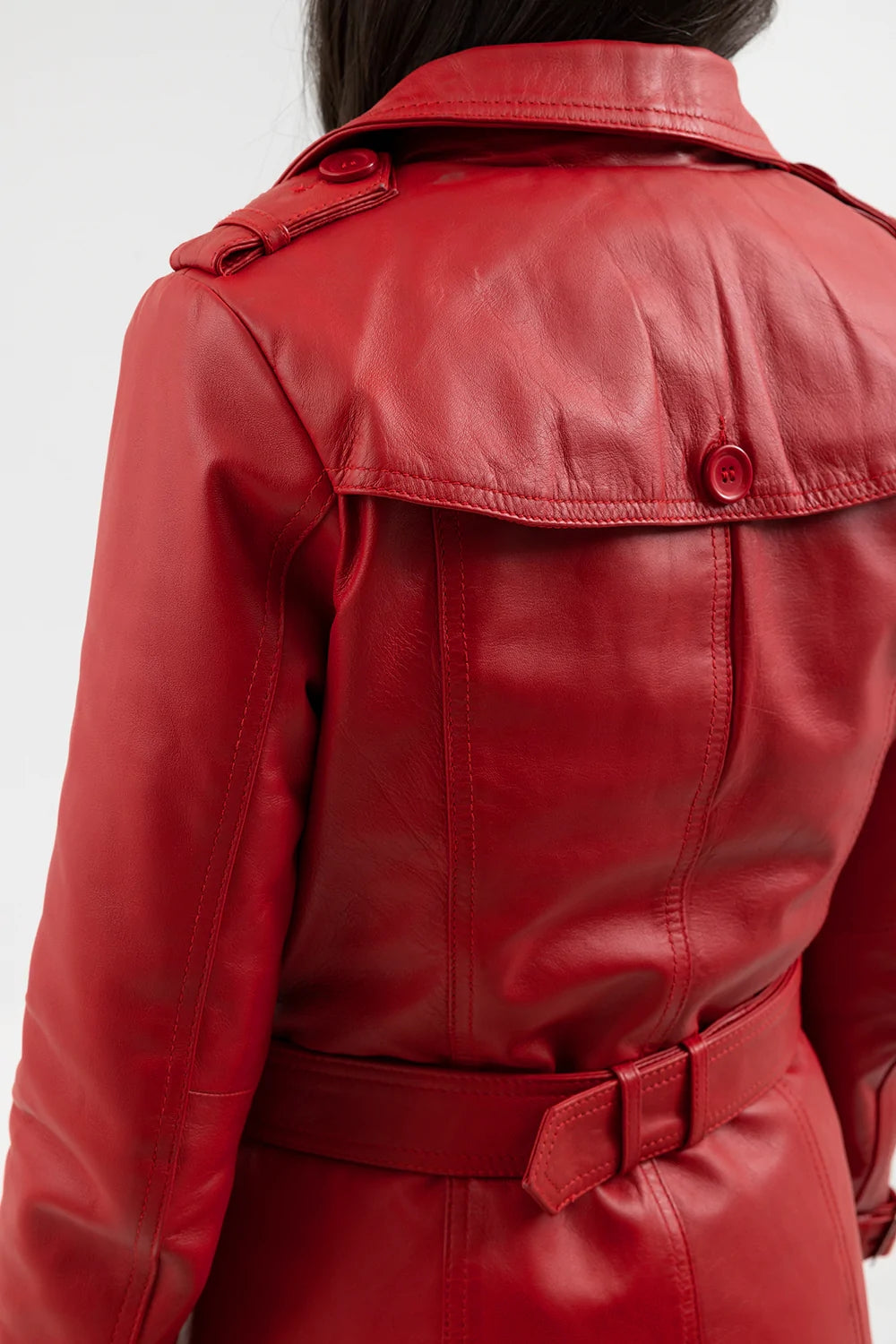 Luxurious Women's Long Fire Red Steampunk Jacket, Premium Lambskin Leather Trench Coat for Women - Image 5