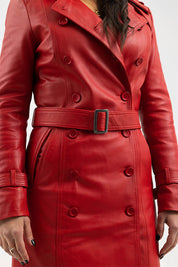 Luxurious Women's Long Fire Red Steampunk Jacket, Premium Lambskin Leather Trench Coat for Women - Image 4