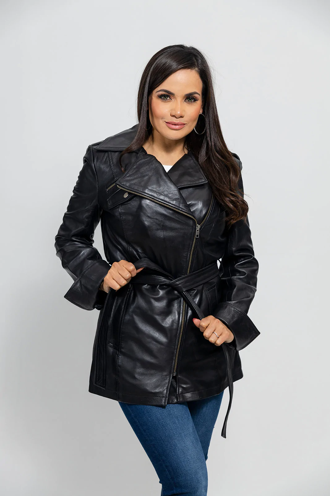 Women's Long Black Dyed Leather Jacket, Chic Black Leather Trench Coat for Women