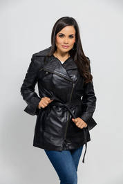 Women's Long Black Dyed Leather Jacket, Chic Black Leather Trench Coat for Women