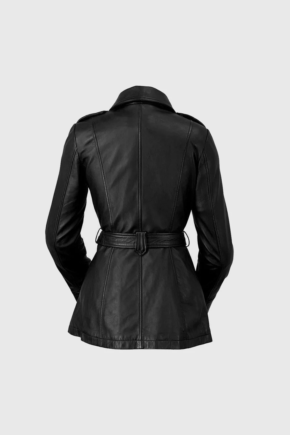 Women's Long Black Dyed Leather Jacket, Chic Black Leather Trench Coat for Women - Image 8