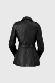 Women's Long Black Dyed Leather Jacket, Chic Black Leather Trench Coat for Women - Image 8