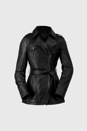Women's Long Black Dyed Leather Jacket, Chic Black Leather Trench Coat for Women - Image 7