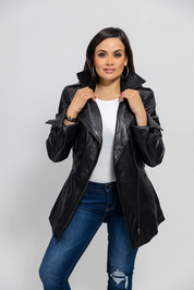Women's Long Black Dyed Leather Jacket, Chic Black Leather Trench Coat for Women - Image 2