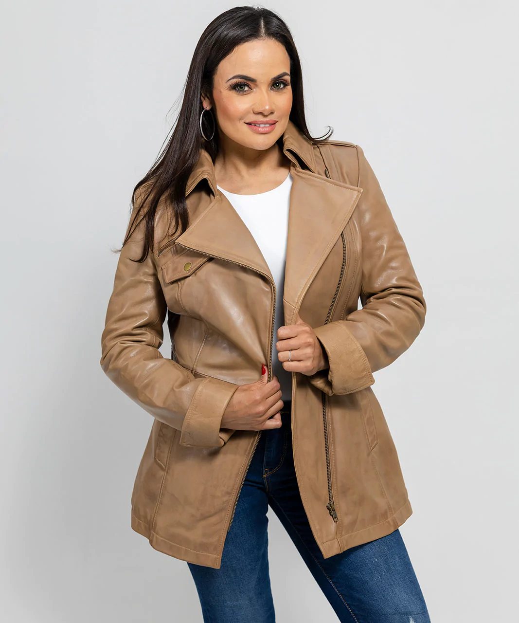 Women's Long Camel Dyed Leather Jacket, Women's Stylish Streetwear Camel Leather Coat