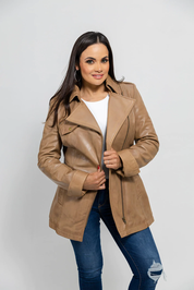 Women's Long Camel Dyed Leather Jacket, Women's Stylish Streetwear Camel Leather Coat